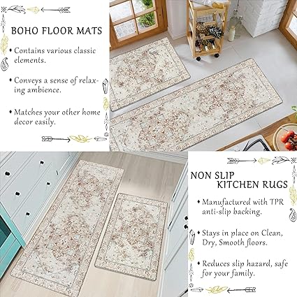 Grey Comfort Kitchen Floor Carpet Runner for Laundry, 17”x28”+17”x47”
