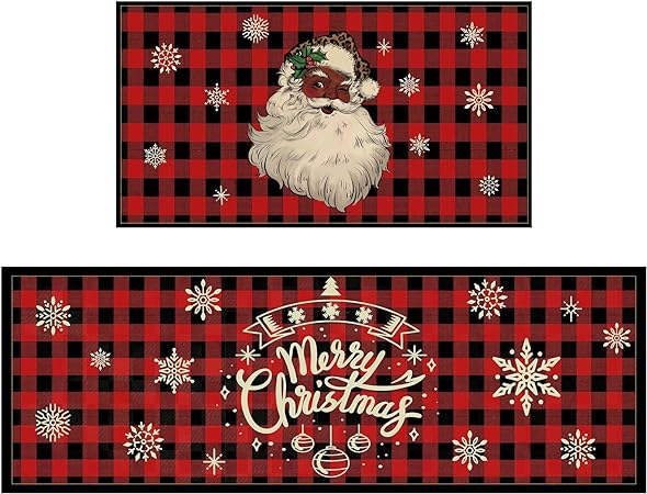 Non Slip Washable Xmas Red Black Buffalo Plaid Snowflake Floor Mat, 29x15 and 47x15 in