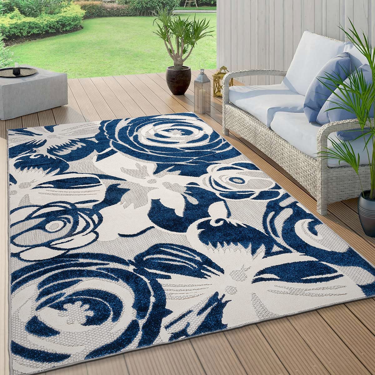 Ravenna Modern Large Floral Flowers Indoor/Outdoor Runner Rug Navy