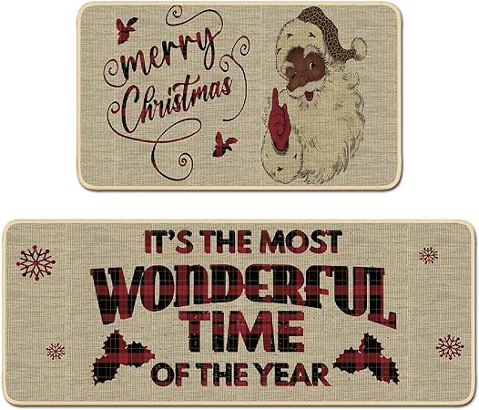 2 Pcs Non Slip Merry Christmas Winter Farmhouse Party Floor Mat for Kitchen Decor 17 x 30 and 17 x 47 Inch