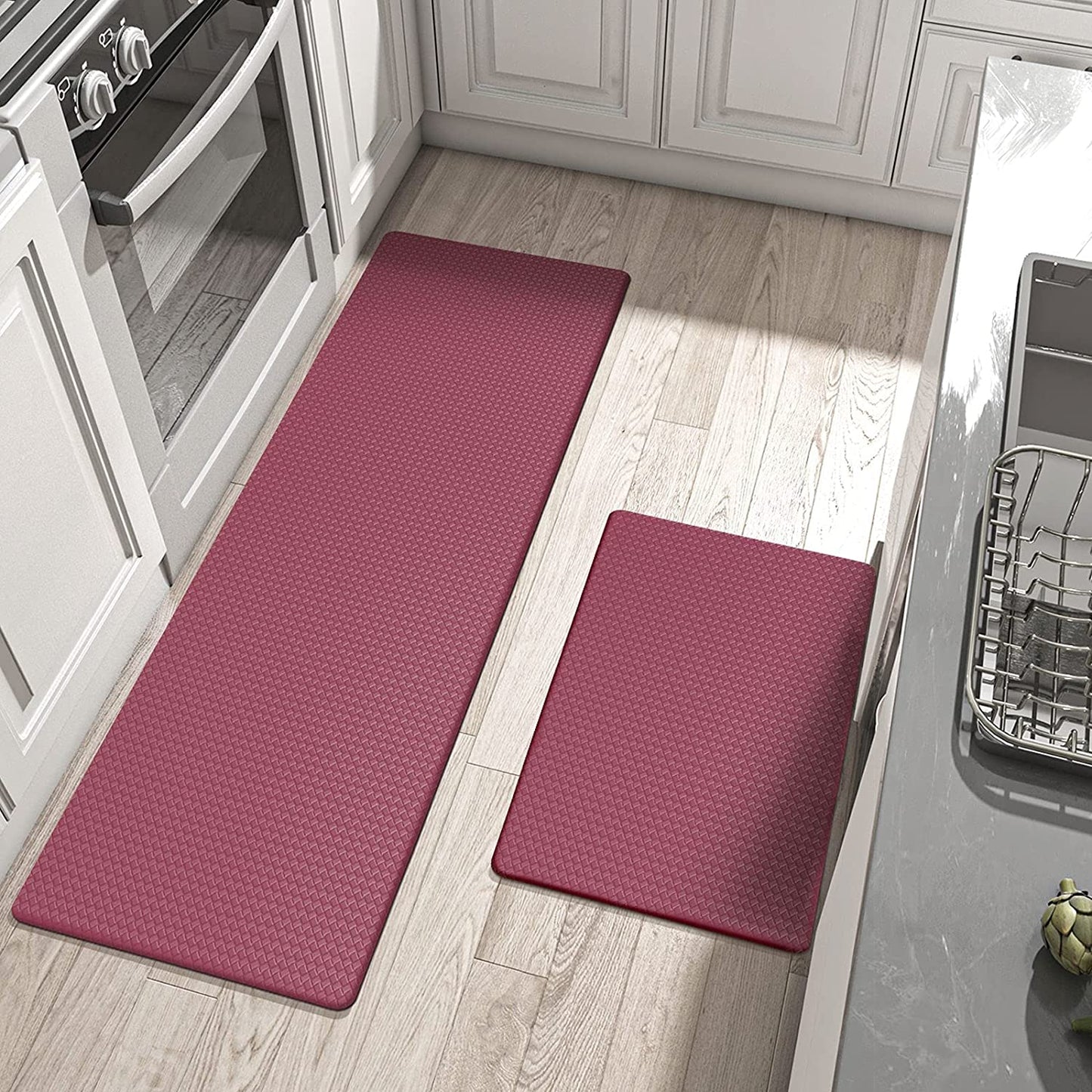 Kitchen Rugs and Mats Cushioned Anti Fatigue Comfort Mat, 2 Pieces Set 17"x29"+17"x59",Beige White