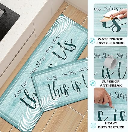 Set 2 Pieces,0.4 Inches Thick Non Slip Kitchen Rugs and Mats Teal Wood Cushioned Anti Fatigue Floor Mat Waterproof Comfort Standing Runner Sink Rug,17.3 x 28+17.3 x 47 Inch