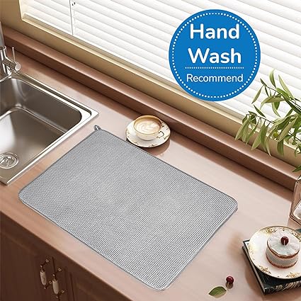 2 Pack Large Dish Drying Mat for Kitchen Counter,24 x 17 inch Absorbent Microfiber Dishes Drainer Mats,XL Dish Drying Pad for Countertops,Racks,Under Sink(Gray)