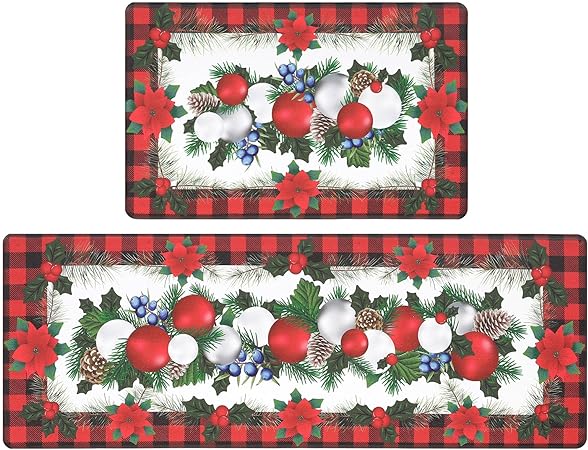 Set of 2 Buffalo Plaid Merry Christmas Anti Fatigue Cushioned Standing Desk Mat, 17"x47"+17"x28"