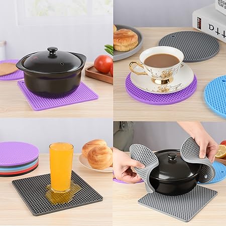 Silicone Trivets for Hot Dishes Heat Resistant Mats-- Non Slip Counter Protector Mat Pack 4 Black