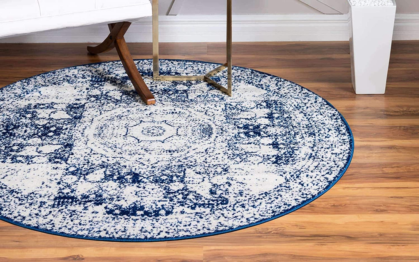 Vintage Traditional Medallion Border Blue Ivory Area Rug