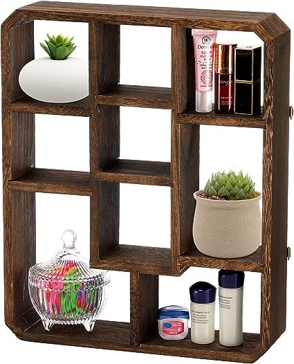 Rustic Shadow Box Display Shelf, 9 Compartments Wood Hanging Display Shelf Floating Shelf, Multi-Slot Wall Mounted or Freestanding Farmhouse Decor Display Case