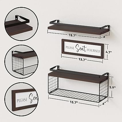 Floating Shelves with Wall Décor Sign, Bathroom Shelves Over Toilet with Wire Storage Basket, Wood Wall Shelves with Protective Metal Guardrail– Black