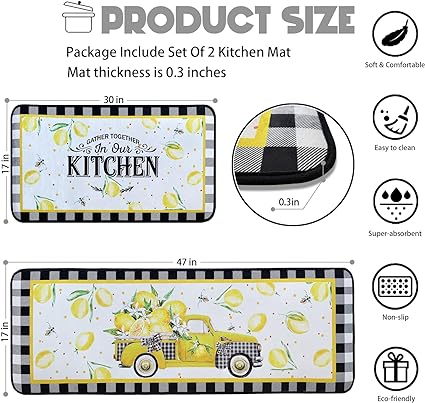 Non Skid Washable Microfiber mats for Kitchen Floor, Kitchen Rules Theme Kitchen Cushioned Runner Rug Decor Sets of 2,Size 17"x 47"+17"x 30"