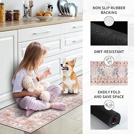 Sets of 3 Non Slip Washable Pink Durability Easy to Wipe Low-Profile Runner Rug, 20"x32"+20"x48"+20"x59"