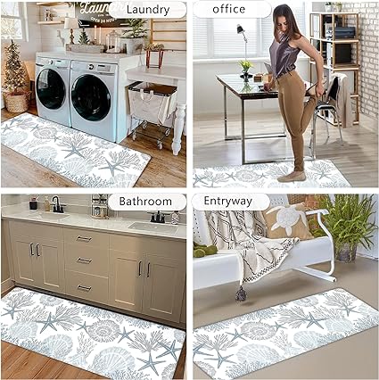 Ocean Themed Waterproof Non Slip Kitchen Floor Mats Coastal Beach Anti Fatigue Mat Seashell Coral Starfish Decorative Mat for Home Kitchen Sink EntranceSet of 2