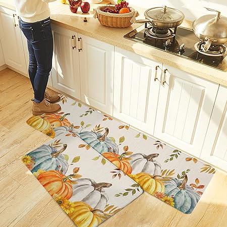 Non SlipTeal Golden-Yellow Pumpkins Fall Maple Leaf Botanical Anti-Fatigue Kitchen Rugs Set of 2,