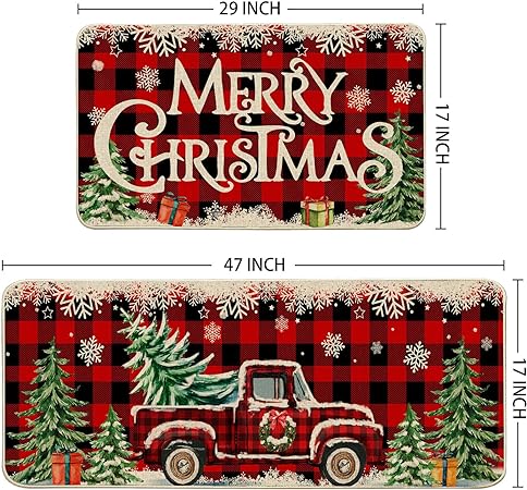 Christmas Farmhouse Truck Red Buffalo Plaid Christmas Kitchen Decor, 17"x27+17"x47"
