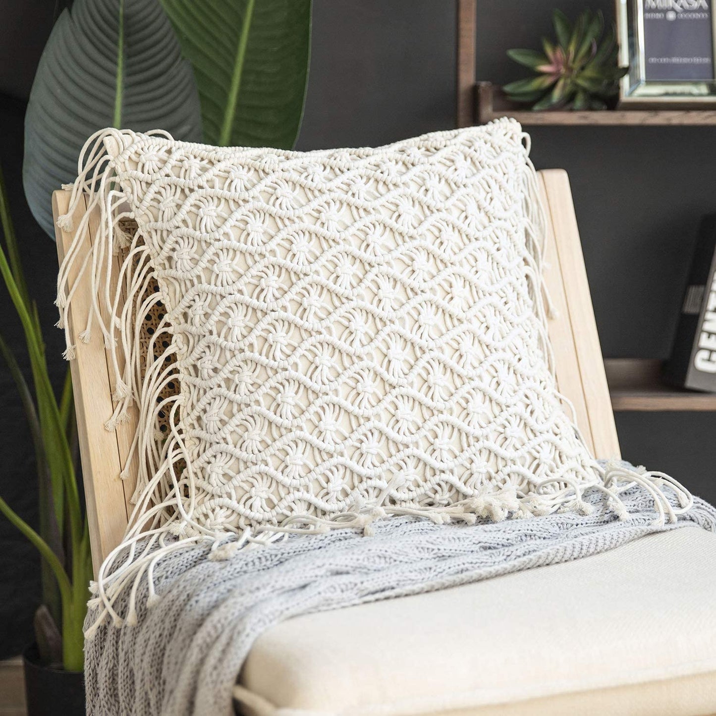 Handmade Crochet Woven Boho Throw Pillow with Tassels Cute Farmhouse Pillow Insert Included