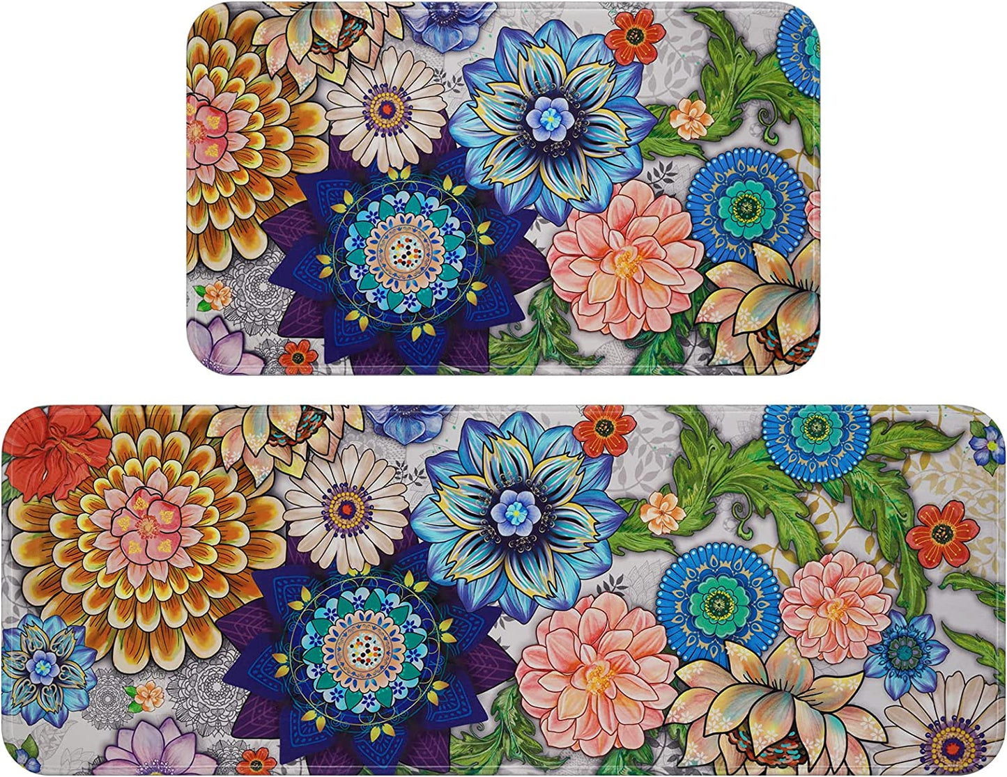 2 PCS Cushioned Floral, Flowers Anti Fatigue Kitchen Rugs  - 18'' x 48'' + 18'' x 30''