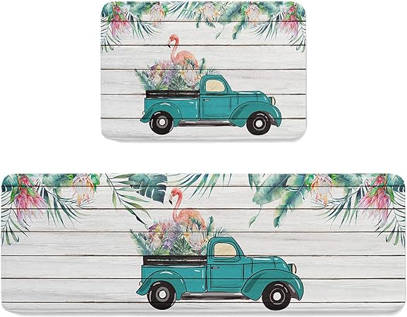 Watercolor Beach 2 Pieces Anti-Slip Water Absorbent Standing Rug for Kitchen Floors 18x30in+18x60in Blue Sky and Sunset Wooden Grain