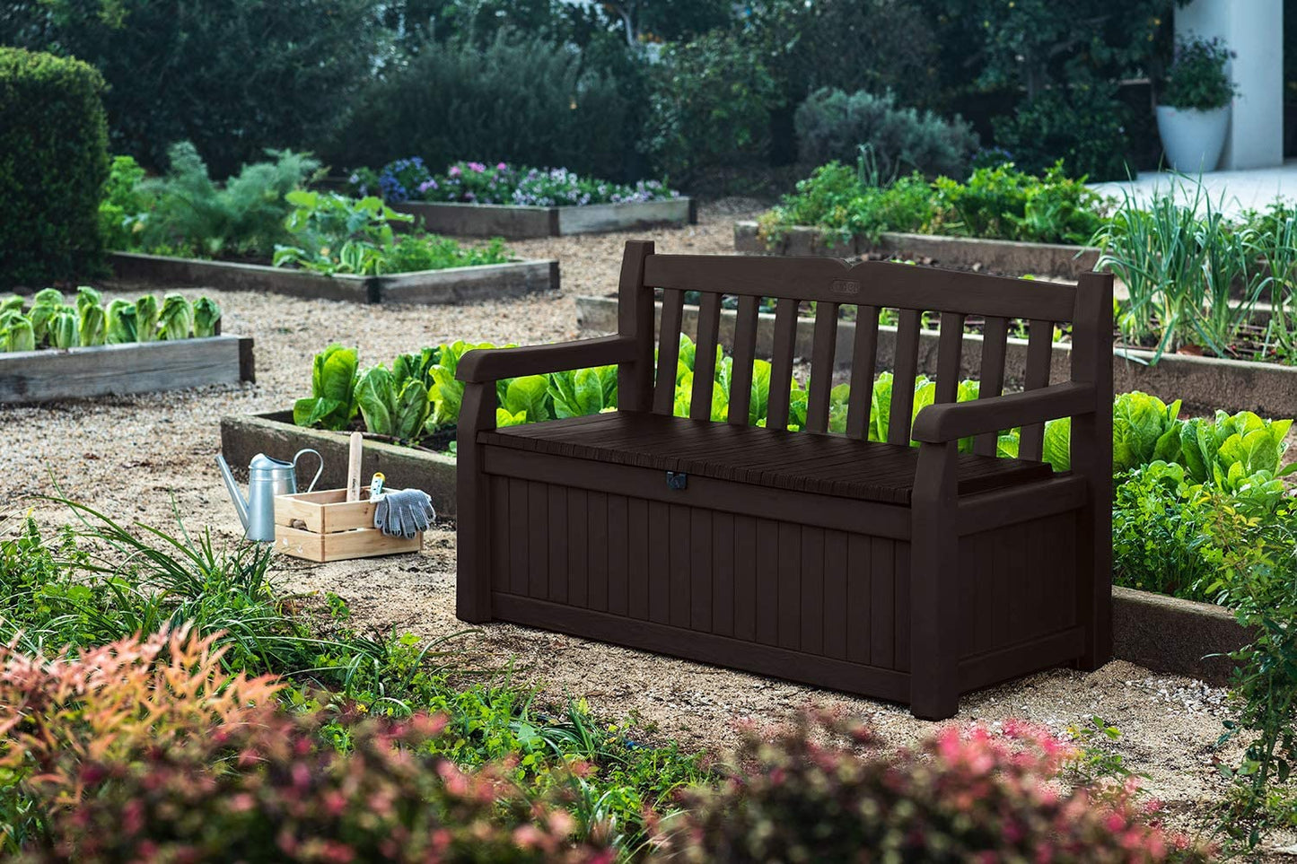 Solana 70 Gallon Storage Bench Deck Box for Patio Furniture, Front Porch Decor and Outdoor Seating – Perfect to Store Garden Tools and Pool Toys, Brown
