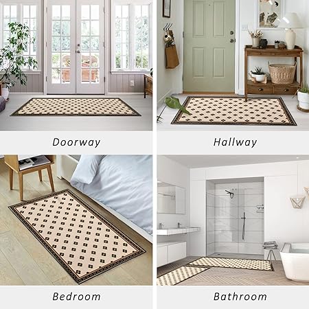 2 PCS Vintage Water Absorb Microfiber Non Skid Washable Farmhouse Kitchen Mats and Rug Set - 17"x29.5"+17"x47", Beige&Black