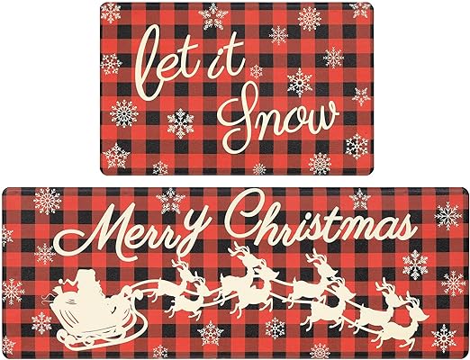 Set of 2 Buffalo Plaid Merry Christmas Anti Fatigue Cushioned Standing Desk Mat, 17"x47"+17"x28"