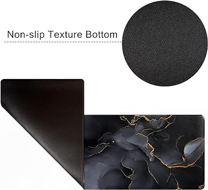 2 PCS Black Marble Waterproof Leather Runner Rug Non Slip Cushioned Standing Mat for Sink Laundry 17.3''x30''+17.3''x47''