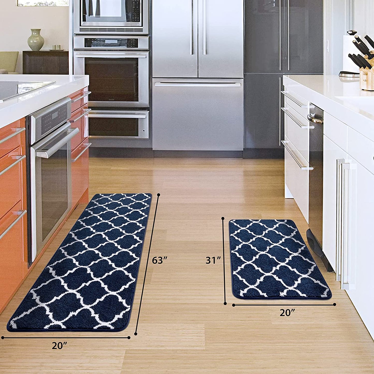 2 Pieces Set Absorbent Soft Microfiber Bath Mat Moroccan Trellis Non-Slip Kitchen Rugs - 17"x48"+17"x24", Grey