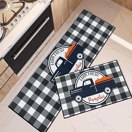 Wooden Board Vintage Kitchen Mats Autumn Maple Leaves Non Skid Washable Set of 2,