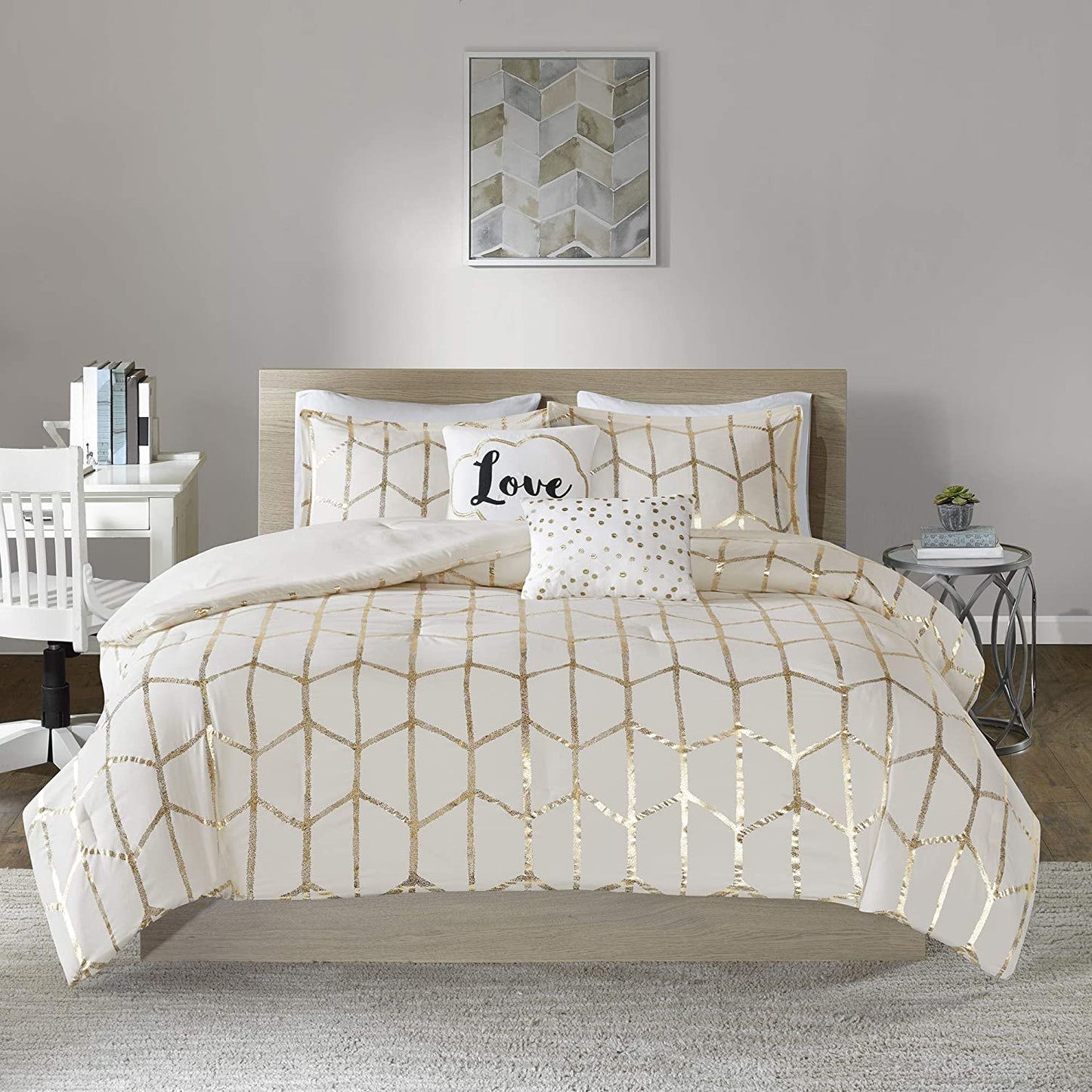 Raina Comforter Metallic Print Geometric Design Modern Trendy All Season Bedding Set