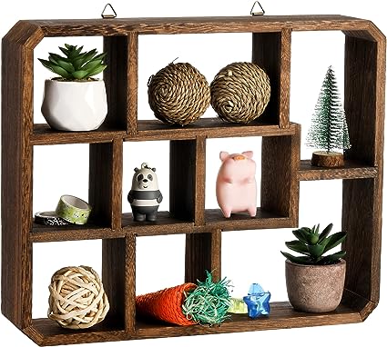 Rustic Shadow Box Display Shelf, 9 Compartments Wood Hanging Display Shelf Floating Shelf, Multi-Slot Wall Mounted or Freestanding Farmhouse Decor Display Case