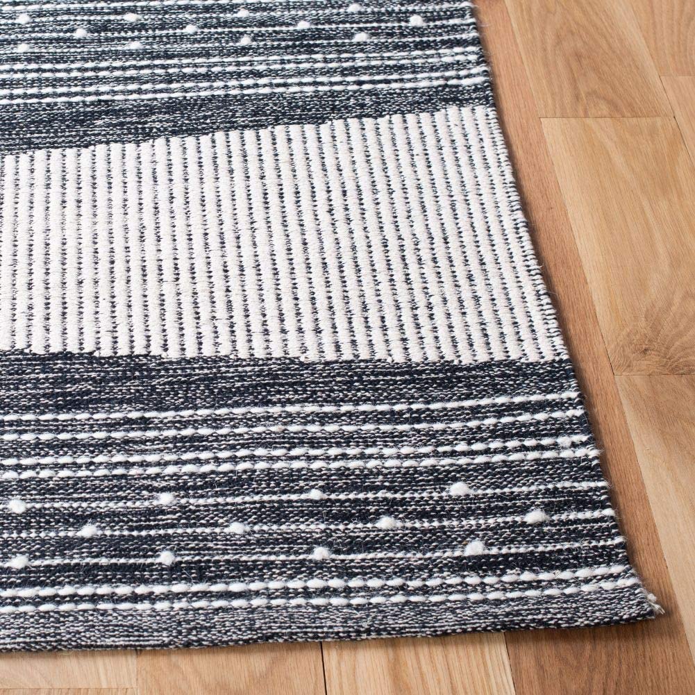 Striped Kilim Collection Handmade Flat weave Cotton Soft Area Rug Black / Ivory