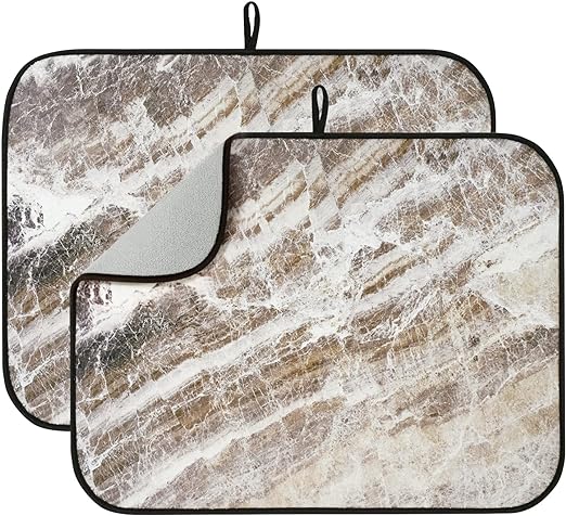 Brown Marble Reversible Absorbent Microfiber Dish Drainer/Rack Pads with Hanging Loop, XL 24" x 18"