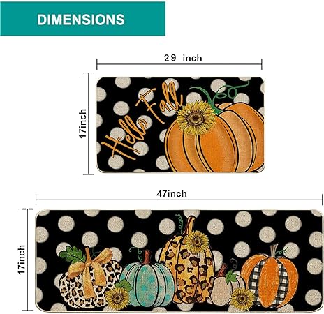 Autumn Harvest Polka Dots Leopard Pumpkin Thanksgiving Low-Profile Floor Mat 17x29 and 17x47 Inch