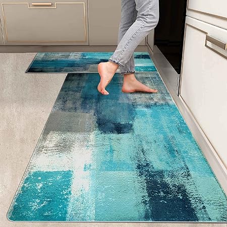 2 Pieces Abstract Anti Fatigue Non Slip Foam Cushioned Blue and Brown Art Painting Comfort Indoor Floor Mat, (17"x48"+17"x24")