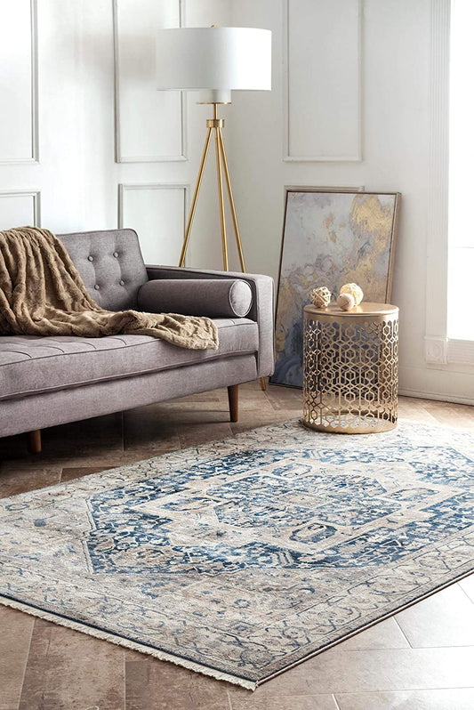 Grey Medallion Fringe Soft Area Rug