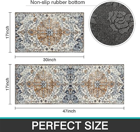 2 Piece Washable Non-Slip Black Boho Kitchen Mats