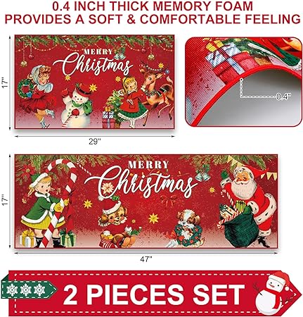 Absorbent Plaid Buffalo Santa Snowman Kitchen Mats, 47 x 17 Inch, 29 x 17 Inch (Vintage)