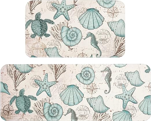 Set of 2,Coastal  Anti Fatigue Cushioned Non Slip,  Summer Nautical Kitchen Rugs, 17'' x 47'' + 17'' x 30''