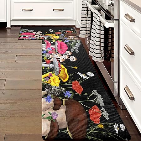 Set of 2 Anti Fatigue Mushroom Non-Skid Washable Kitchen Runner Rug, 17.5"x29.5"+17.5"x47"