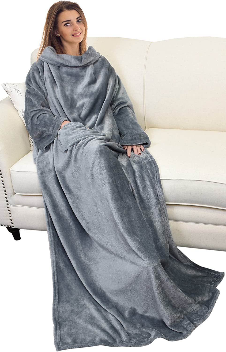 Wearable Blanket with Sleeves and Pocket, Cozy Soft Fleece Mink Micro Plush Wrap Throws Blanket Robe for Women and Men 73" x 51"