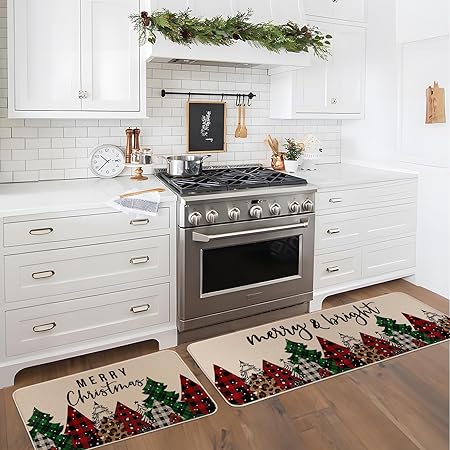 Anti-Slip Buffalo Plaid Merry Christmas Trees Kitchen Rugs Set of 2, White- 17x29 and 17x47 Inch
