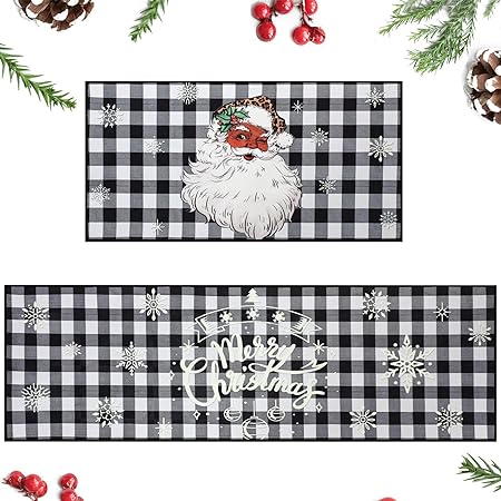 Non Slip Washable Xmas Red Black Buffalo Plaid Snowflake Floor Mat, 29x15 and 47x15 in