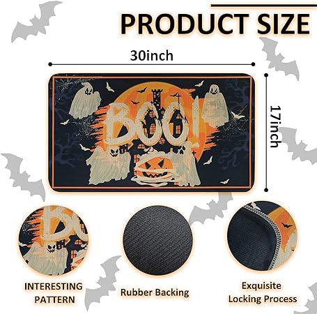 Non Slip Backing Halloween Kitchen Rug Set of 2 (Black, 17"x47"+17"x30")