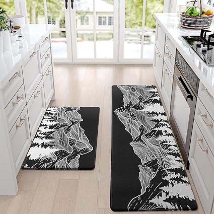 2 Piece Set Anti Fatigue Waterproof Non Skid Washable, Mountain Kitchen Mats for Floor Cushioned, 18'' x 48''+18'' x 30'', Black