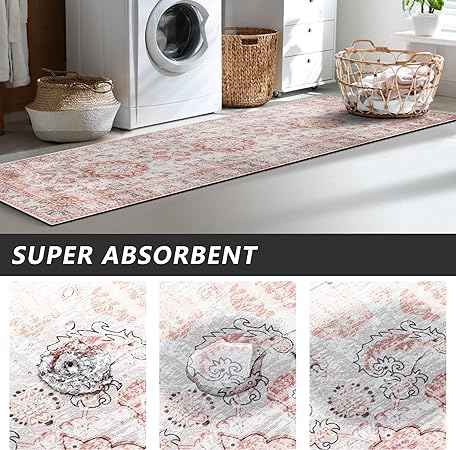 Sets of 3 Non Slip Washable Pink Durability Easy to Wipe Low-Profile Runner Rug, 20"x32"+20"x48"+20"x59"