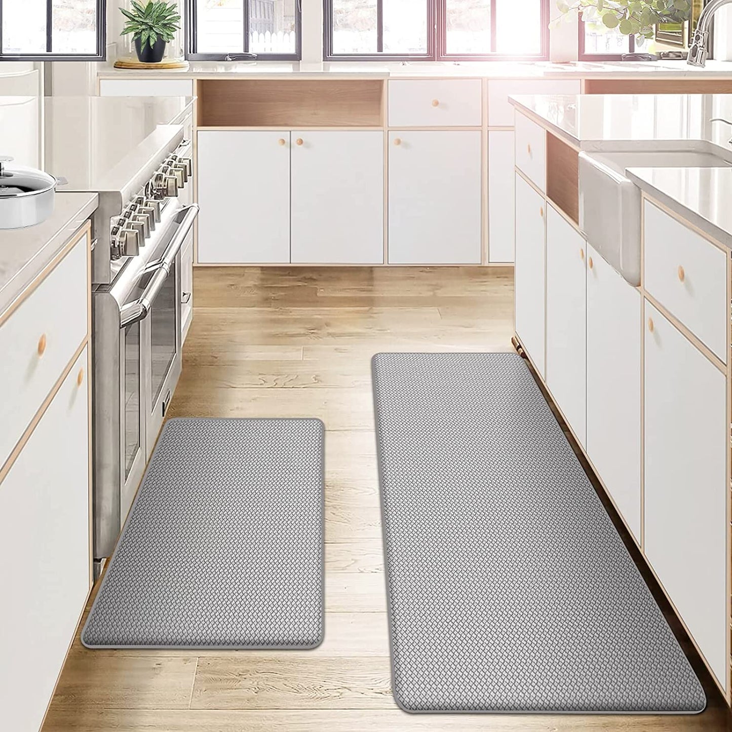 Set of 2 Cushioned Anti Fatigue Non Slip Waterproof Kitchen Mats 17"x29" +17"x59", Pink Red