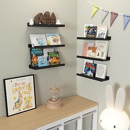 Set of 6, Black Wall Shelves with Lip