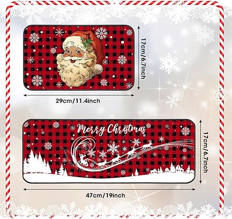 Non Slip Santa Claus Snow Gnome Low Profile Plaid Winter Decorative Christmas Rug 17x29 and 17x47 Inch