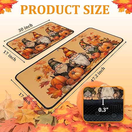 Non Skid Washable, Seasonal Fall Holiday Party Autumn Harvest Thanksgiving Kitchen Mat 17"x47"+17"x30"