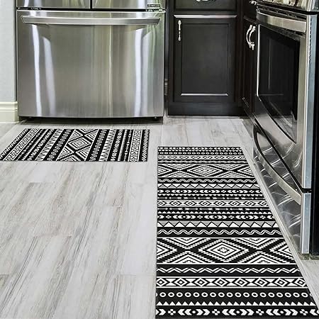 2 Piece Washable Non-Slip Black Boho Kitchen Mats