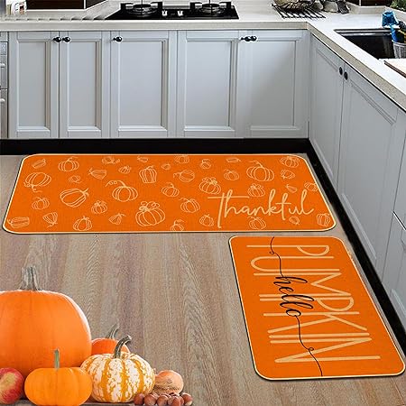 Orange Hello Pumpkin Thankful Fall Kitchen Mats Set of 2- 17x29 and 17x47 Inch