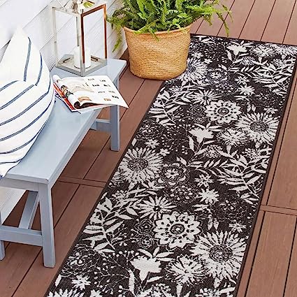 MajorcaContemporary Floral Flowers Non-Shedding Outdoor Rugs - 2' x 7' (Gray)